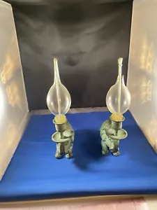Candlestick Holder Pair of Green bronze Elephant Candleholder Trunk Up 5"H - Picture 1 of 7