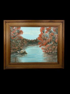 Ölgemälde unbekannter Künstler Original Landschaftsszene Wasser Herbst Blätter - Bild 1 von 7