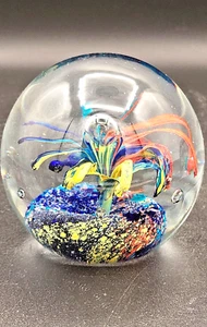 Cobalt Blue/orange/yellow Abstract Style floral Art Glass Paperweight w Bubbles - Picture 1 of 8