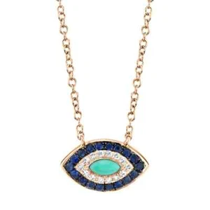 14K Rose Gold Turquoise Sapphire Diamond Eye Pendant Necklace 0.25 CTW Marquise - Picture 1 of 5