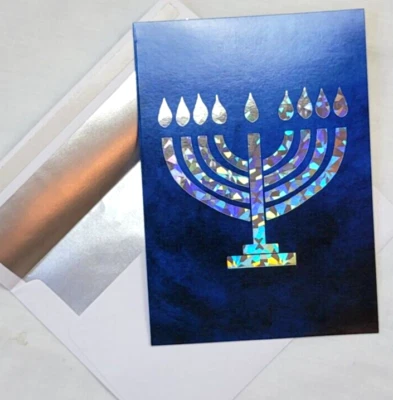 40 Hanukkah Menorah Greeting Cards Blue Silver Foil Lined Envelopes Joy Shine - Image 1 of 4