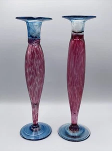 Paar (2) einzigartige handgeblasene Kunst Glas Kerzenhalter konische Halter 12"" lila blau - Bild 1 von 10