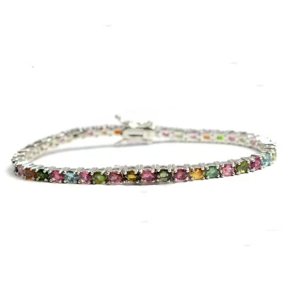 Brazalete de tenis de plata de ley 925 con piedras preciosas de turmalina natural de corte ovalado de 4x3 mm Foto 1 de 4