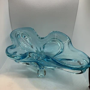 Murano-style MCM Art Glass Bowl Dish Blue Turquoise Footed Four Leaf Clover  - Picture 1 of 12