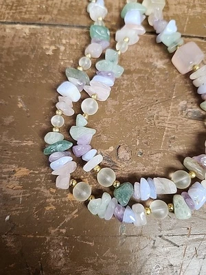 Vtg Semi Precious Stones Necklace Pink Quartz Blue Lace Agate Amythest Flourite - Image 1 of 4