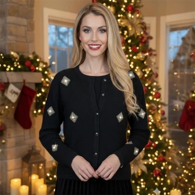 Cárdigan Suéter De Colección Karen Scott Petites Negro Seda Angora Cuentas Diamante Talla P S Foto 1 de 4