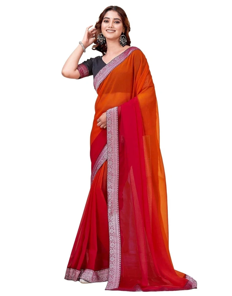 Sari de Georgette estampado de encaje y papel aluminio para mujer con pieza de blusa sin costuras Foto 1 de 1