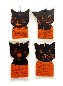 Set of 4 Die-Cut Halloween Black Cat Bridge Tallies, All Different with Sayings - Picture 1 of 15