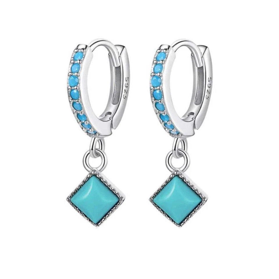SOLID Sterling Silver Natural Turquoise Huggie Hoop Earrings by YOUnique Designs - image 1 of 4