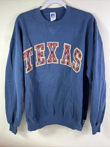 Felpa Russell Athletic Texas vintage blu navy plaid applique logo girocollo - Foto 1 di 8