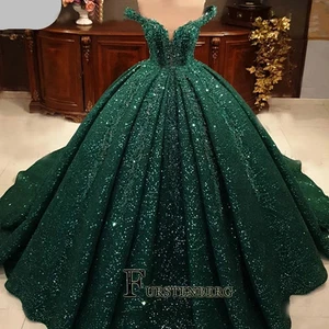 Glitter Quinceanera Dresses Off-the-shoulder Sequin Ball Gown Prom Sweep Train - Picture 1 of 17