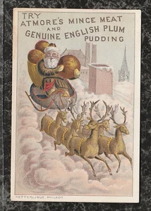 Carta commerciale vittoriana marrone Babbo Natale e renna consegna Atmore's Plum Pudding 4x2,75 - Foto 1 di 2