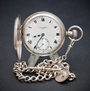 Stunning Sterling Silver J.W. Benson Half Hunter Pocket Watch + Albert Chain - Picture 1 of 12