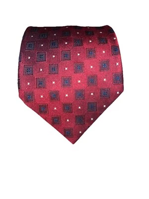 Countess Mara Tie  Red Blue  Geometric Squares White Polka Dots  100% Silk - Image 1 of 4
