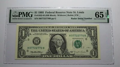 $1 1995 Radar Serial Number Federal Reserve Currency Bank Note Bill PMG UNC65EPQ - Image 1 of 3