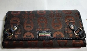 Vintage Etienne Aigner trifold womens black/espresso Canvas wallet leather trim. - Photo 1/4
