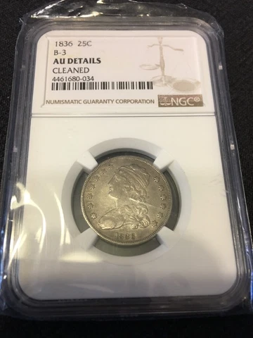 1836 BUST QUARTER NGC AU DETAILS B-3 - ABOUT UNCIRCULATED - CERTIFIED SLAB - 25C Cover