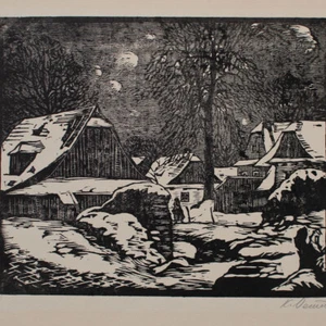 Ortsansicht Dorf im Winter signiert Holzschnitt Anfang 20 Jhd - Bild 1 von 4