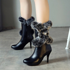 Women Warm Fur Shoes Pointy Toe Stilettos High Heels Rhinestones Ankle Boots