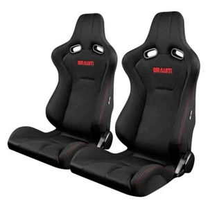 BRAUM - Black Fabric Mesh Mixed VENOM Racing Seats w/ Red Stitches -Pair - Picture 1 of 7