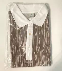Vtg Haband Short Sleeve Collared Shirt Popover Placket Tan White Stripe Mens L - Picture 1 of 4