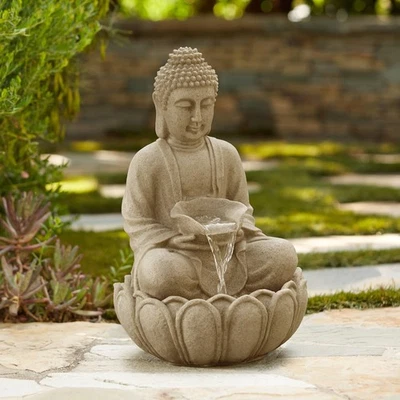 Sitting Buddha Zen Outdoor Water Fountain LED Light 22" Meditation Decor Yard - Image 1 of 4