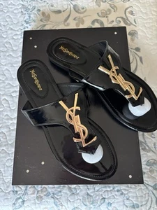 New ~ YSL Black Flat Sandals Thong Logo ~ Size EU42 (US 9.5) - Picture 1 of 2
