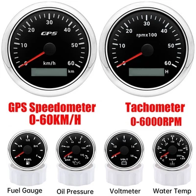 85mm GPS Speedometer 60KM/H&Tacho 6000RPM&52mm Fuel/Oil/Temp/Volt Gauge Set - Image 1 of 4