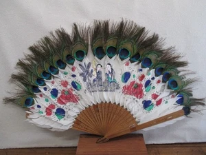 Antique Chinese Hand Painted Peacock Feather Folding Fan, Rare piece - Picture 1 of 11