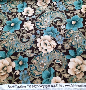 1 1/2 Yds Fabric Traditions 2007Brown Teal Green Floral &Gold Metallic Highlight - Picture 1 of 5