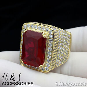 MEN 925 STERLING SILVER GOLD PLATED/SILVER SIMULATED RECTANGLE RUBY RING*AR45