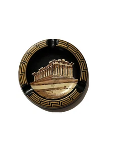 VINTAGE GOLD TRIM BLACK GREEK PANTHEON ASHTRAY MADE IN GREECE - Picture 1 of 2