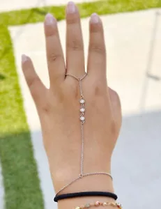 14K Solid White Gold Finger Bracelet CVD Diamonds Ring Bracelet Chain 0.30ctw - Picture 1 of 9