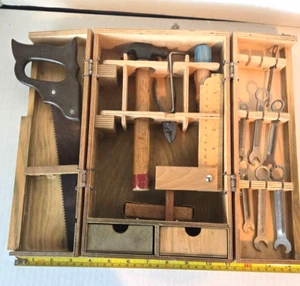 VINTAGE SMALL HAND MADE WOOD TOOL CABINET CHEST & VINTAGE TOOLS LOT X - Picture 1 of 11