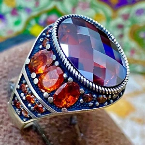 WOW 925 Sterling Silver Red Cubic Zircon Cut Gemstone Mens Unisex Ring Jewelry - Picture 1 of 10