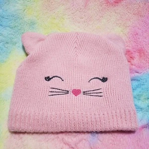 Kitten Cat Face Winter Hat Beanie Pink Girls Youth One Size Ears Whiskers - Picture 1 of 8