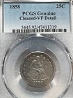 1858 Liberty Seated Quarter Pcgs Vf Detail Cleaned But Still A Nice Coin