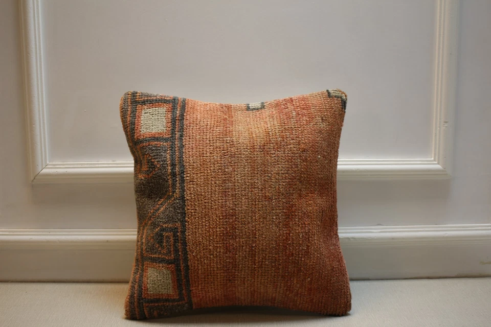 Vintage Turkish Kilim Pillow Cover 16x16 – Handmade Orange Brown Tribal Cushion - Image 1 of 4