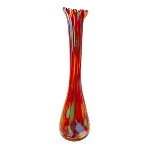 VTG Norcrest Confetti Swung Art Glass Ruffle Stretch Bud Vase 10.5" Hand Blown - Picture 1 of 10