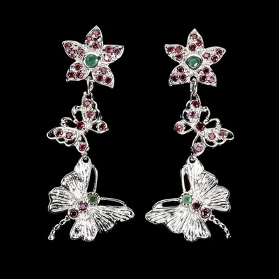 925 Sterling Silver Earrings Round Emerald Tanzanite Gemstone Butterfly Jewelry - Image 1 of 4