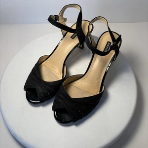   Coquette Demure Glam Rhinestone-Stud black Ankle Strap heels sz 8 Alex Marie  - Picture 1 of 9