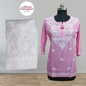 Kurti Chikankari rosa fatto a mano con pantaloni | Kurti tradizionale in cotone da donna - Foto 1 di 5