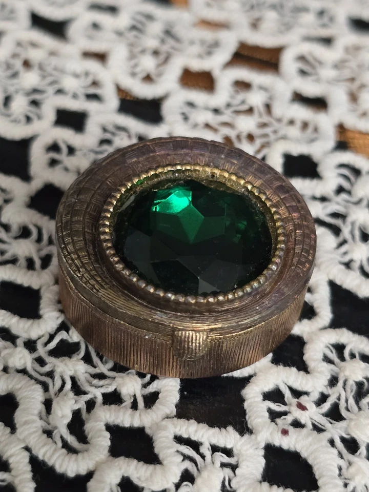 Vintage Trinket Pill Box Round Green Rhinestone Hinged Lid  Metal Art Deco  - Image 1 of 4