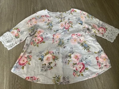 Blusa túnica plisada floral manga 3/4 puños ganchillo J. Jill Love de lino 2X Foto 1 de 4