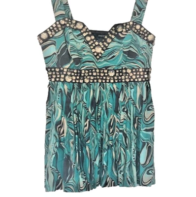 Vintage Arden B Tank Womens XS Jewel Green Brown Abstract Pleated Party Top  Y2K - Image 1 of 4