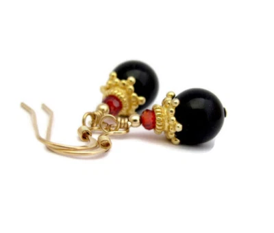 Pendientes Cristal Negro Relleno Dorado Delicadas Cuentas Joyería Boho Bohemio Elegante Regalo Foto 1 de 4
