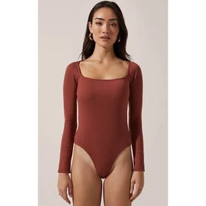 NWOT ASTR The Label square neck long sleeve bodysuit marsala L ribbed stretch - Picture 1 of 9