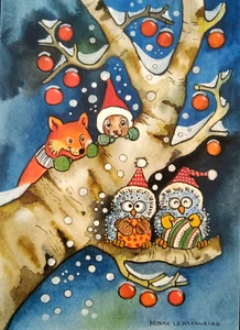 Postal Arte Correo Invierno Nieve Navidad Madera Zorro Búho Ardilla - Imagen 1 de 1