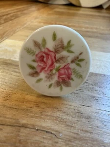 Vintage White Drawer Pull Knob with Pink Roses Shabby Chic 1.58” Diameter - Picture 1 of 5