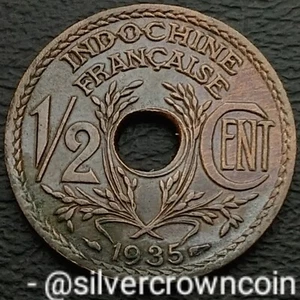 Indo-China French 1/2 Cent 1935 (a). KM#20. Holed Half Penny coin. Vietnam Laos. - Picture 1 of 7